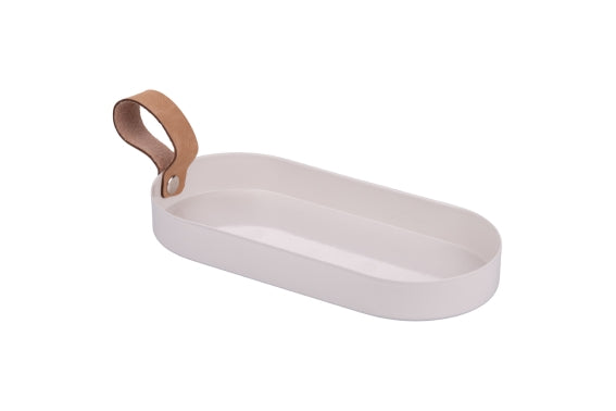 WHITE METAL TRAY/LEATHER HANDLE - 5926326