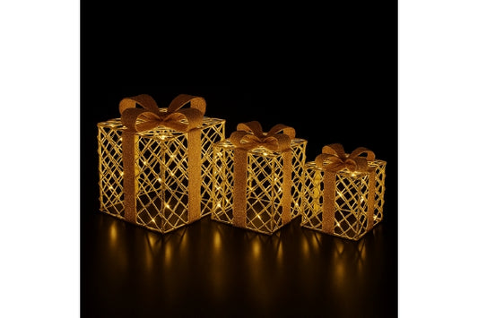 XMAS SET 3 GIFT BOXES W/LED WHITE GOLD INT. -  5923940