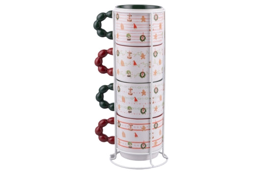XMAS COTTAGE SET 4 MUGS W/ METAL STAND - 5924970