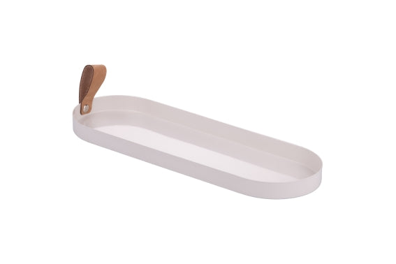 WHITE METAL TRAY/LEATHER HANDLE 35.5X12X2C - 5926328
